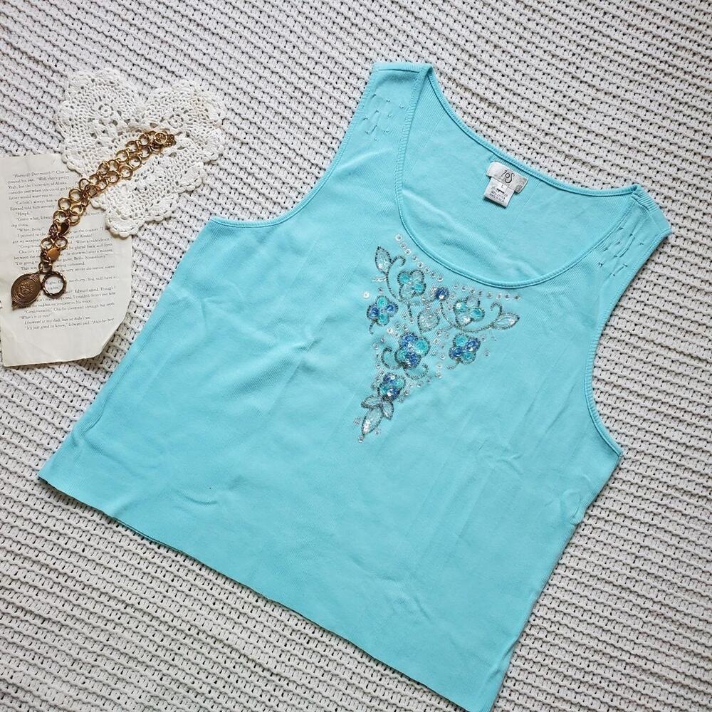 Vintage y2k blue rhinestone design tank top raw hem